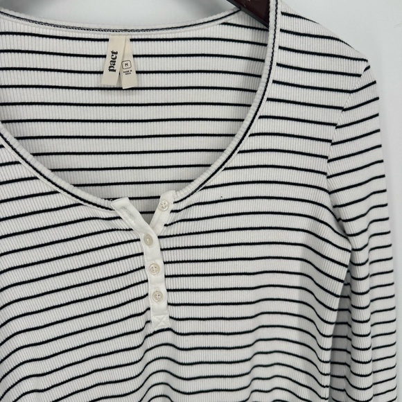 Pact Favorite Rib Henley Long Sleeve Top Size Medium White Black Striped Shirt - Picture 4 of 11